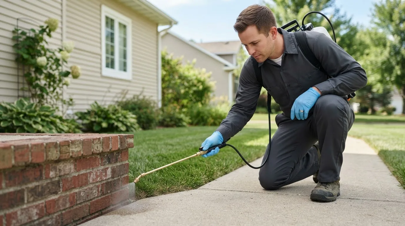 Pest control technician treating a home near Nenzel, NE